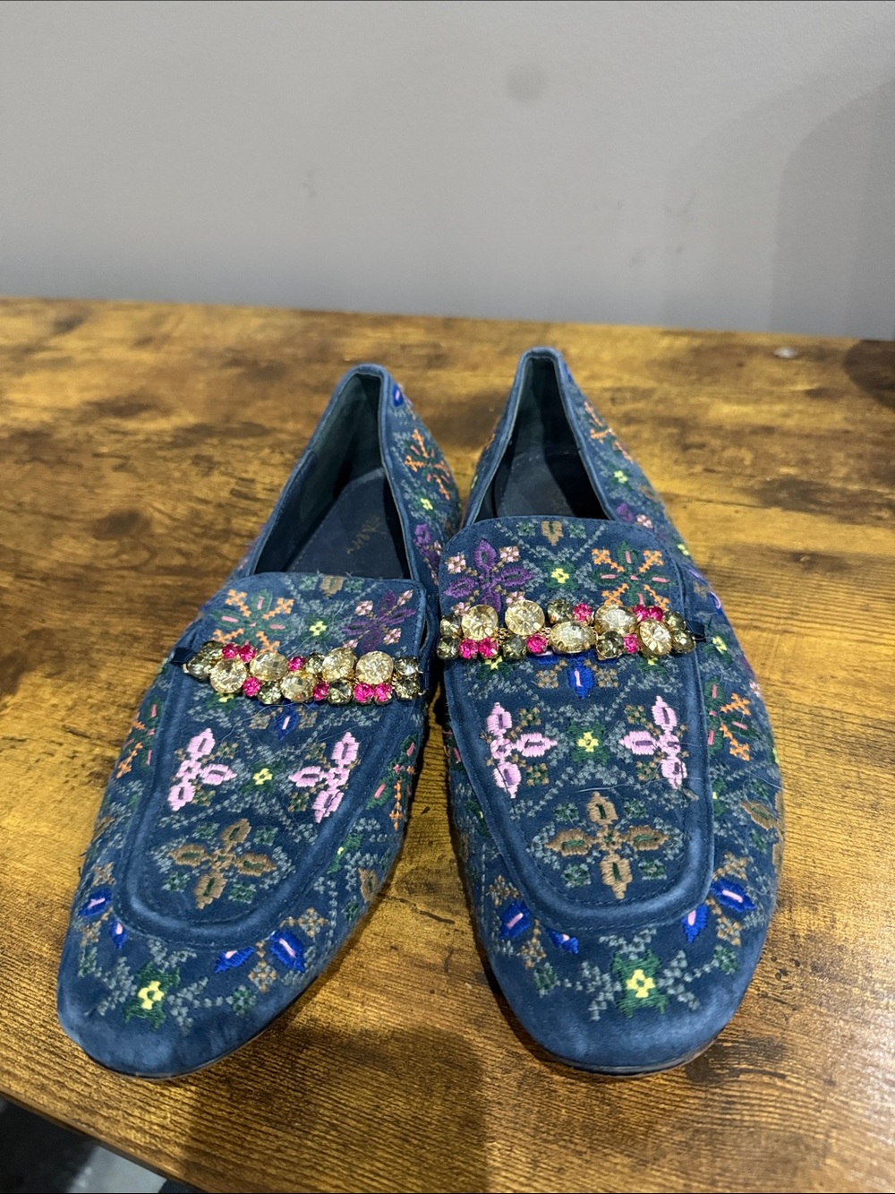 Boden Navy Velvet Floral Loafers with Jeweled Trim - Picture 2 of 5